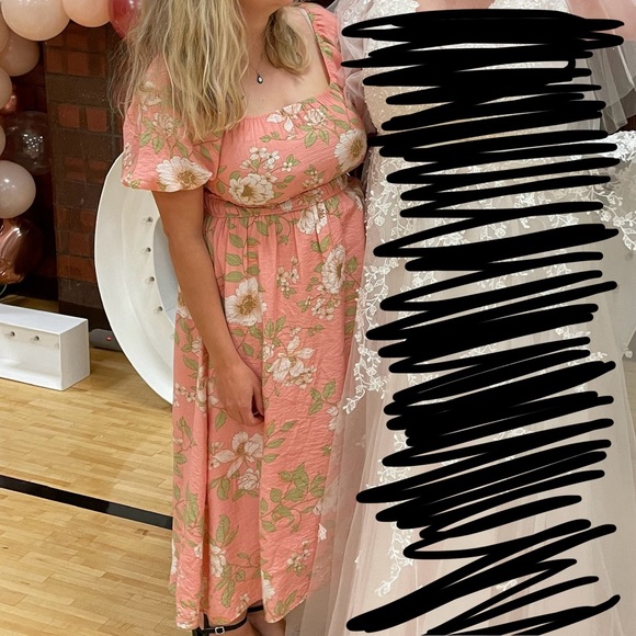 Blu Pepper Peach Coral Floral Square Neck Puff Sleeve Cottagecore Midi Dress - Picture 5 of 9